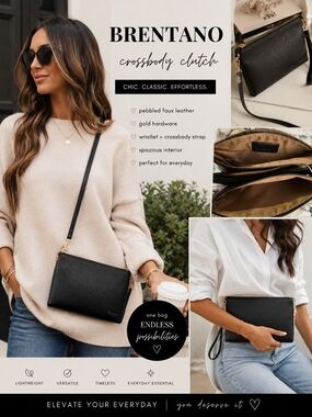 ✨Brentano Black Pebbled Faux Leather Crossbody Clutch Bag NWOT Gold Hardware ✨️